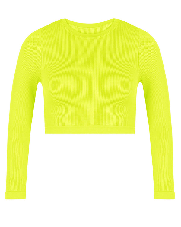 EVOKE Ribbed Long-Sleeve Crop Top | Neon Yellow | Image 1