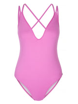 MYKONOS - Magenta. Swimsuit features a plunge neckline and double straps , cross over the back, high cut leg and slight yet flattering bottom coverage. 