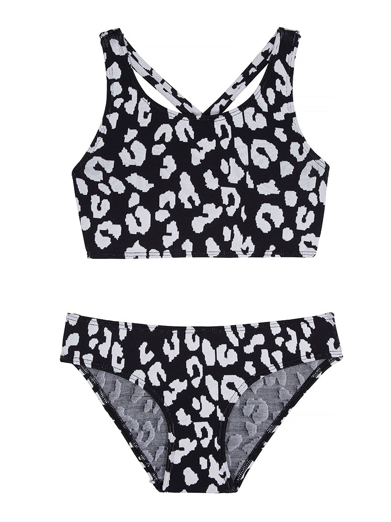 GIRLS' BENIRRAS TOP & BIARRITZ BOTTOMS Swimsuit | Black Leopard | Image 1