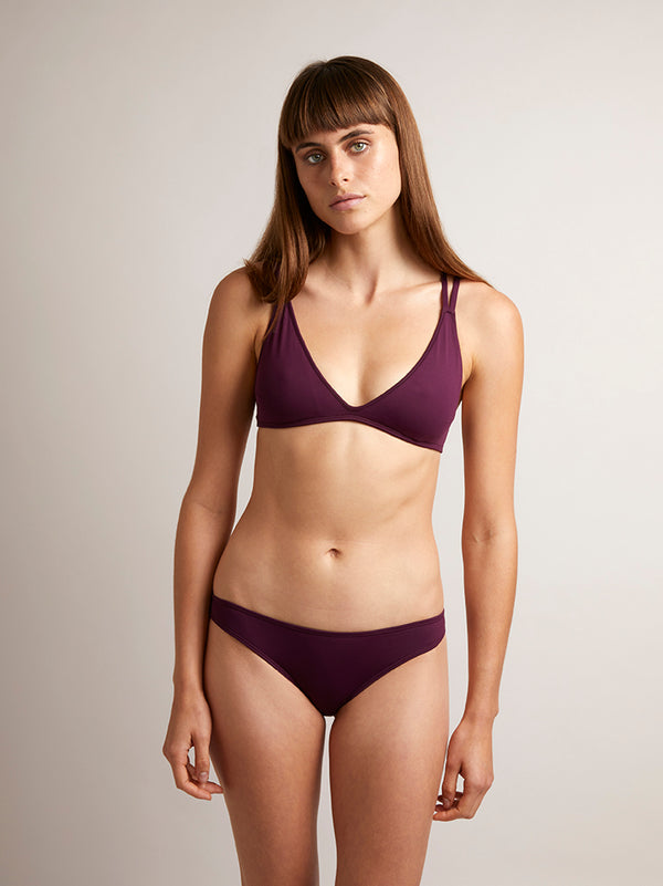 PATMOS - Wine. This strappy bikini top has a soft triangle cup, adjustable tie straps and removable padding. Perfect for smaller to medium busts.