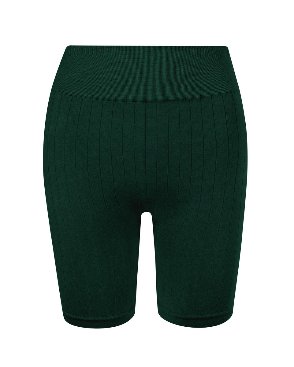 FLAT RIBBED FLUID Dark Green Shorts Ribbed PRISM Fabric for Slimming Effect Mid Thigh Cut with Knitted Hem Inclusive Sizes UK 6 16 PRISM LONDON