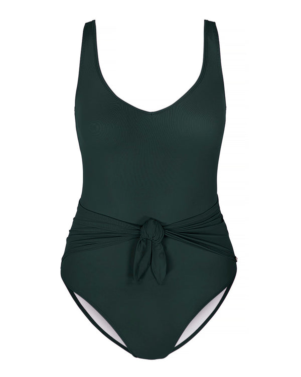 LIPARI - Forest Green. This swimsuit with an adjustable back strap and v-neck, featuring a front tie knot to slim and flatter the silhouette.
