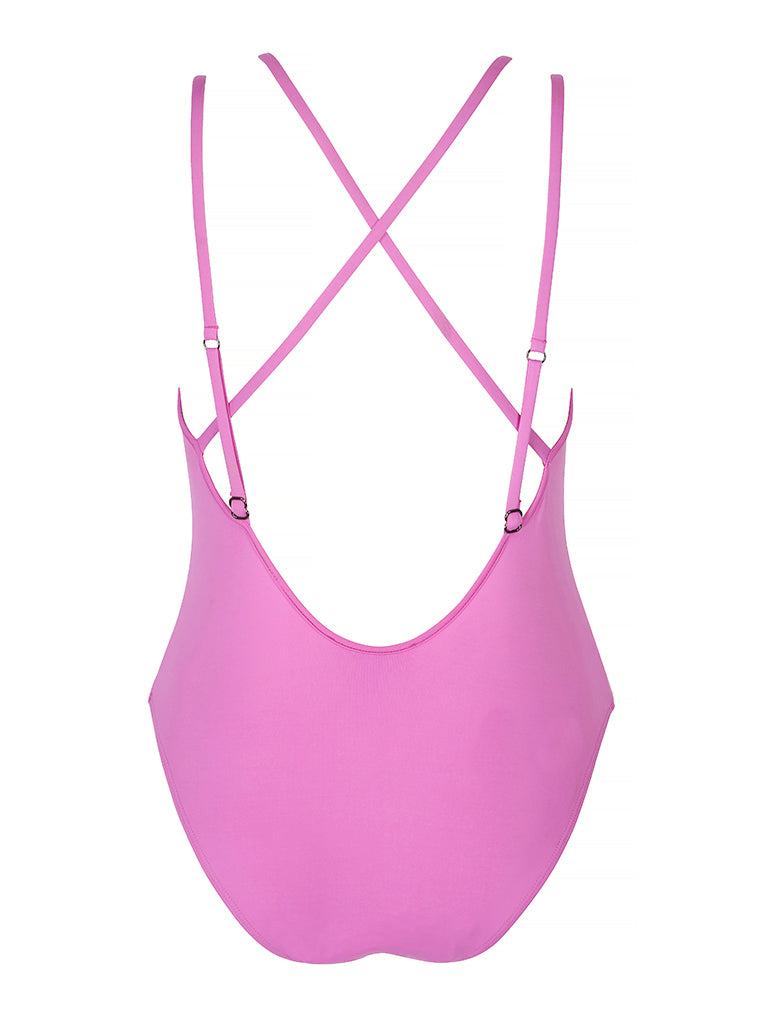 MYKONOS - Magenta. Swimsuit features a plunge neckline and double straps , cross over the back, high cut leg and slight yet flattering bottom coverage.