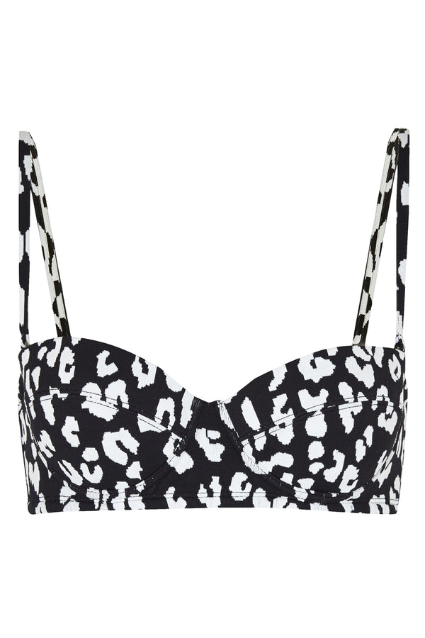 POSITANO - Black/White Leopard. This 1960s vintage feel bikini top is designed with a bandeau shape, removable straps and underwriting. This top is ideal for a medium bust, the underwriting and firm cup offer extra support. This bikini also has the signature PRISM gunmetal clasp at the centre.
