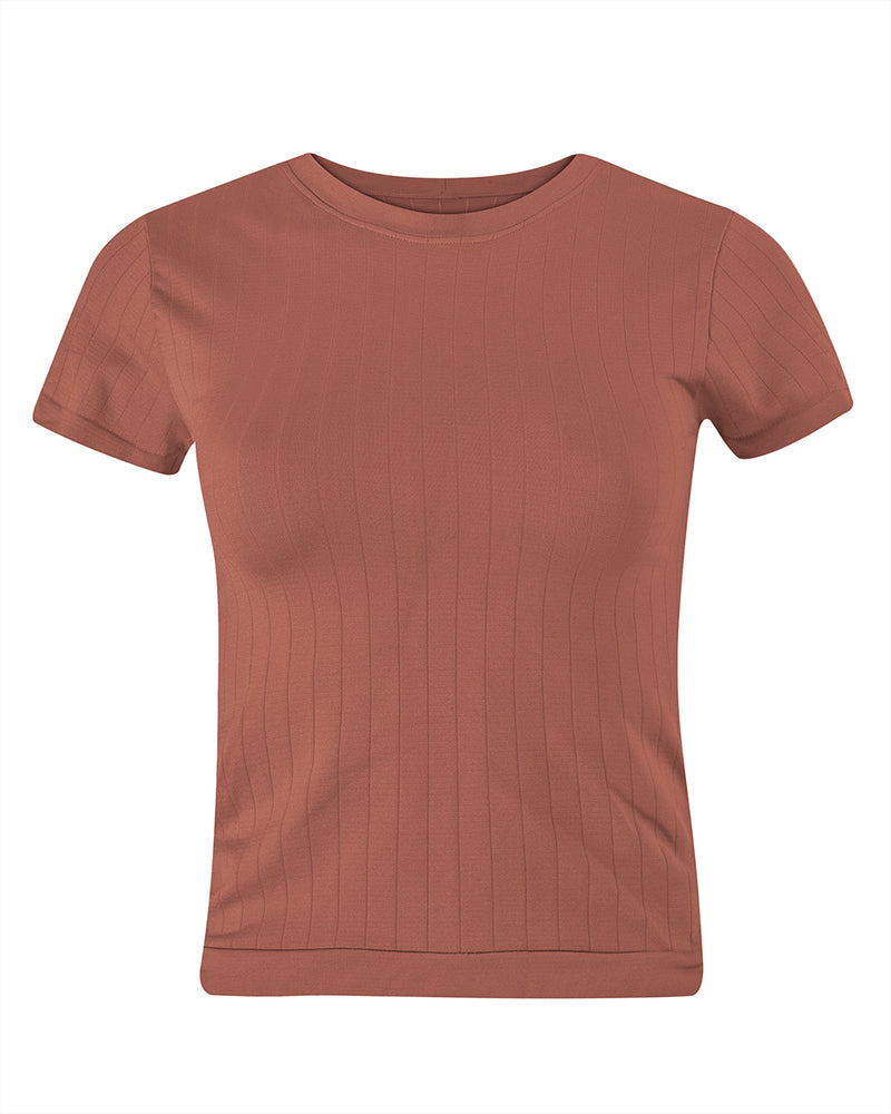 sapient flat ribbed t shirt in rusty pink - supportive womens activewear vest - prism2 london