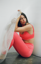 model wears ribbed compression pink awaken leggings - prism2 london