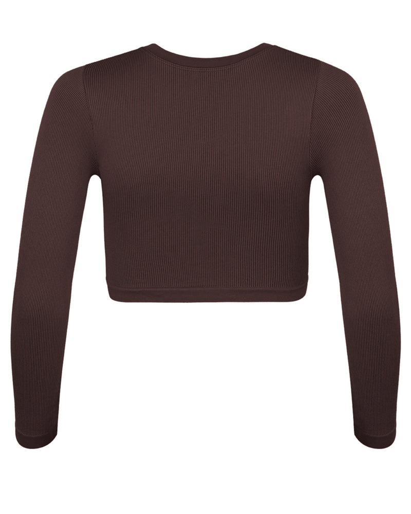 EVOKE Ribbed Long-Sleeve Crop Top | Chocolate Brown | Image 3