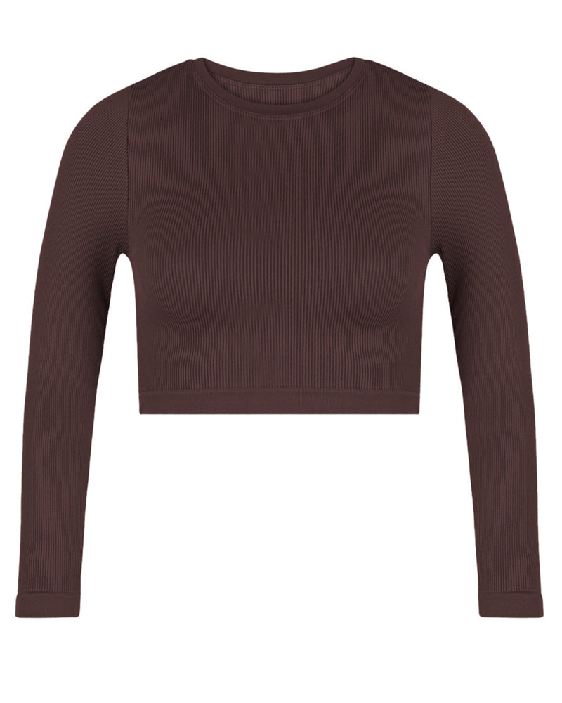 EVOKE Ribbed Long-Sleeve Crop Top | Chocolate Brown | Image 1
