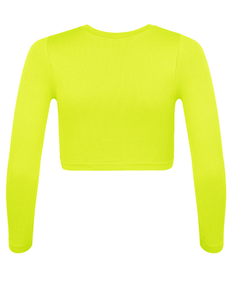 EVOKE Ribbed Long-Sleeve Crop Top | Neon Yellow | Image 3