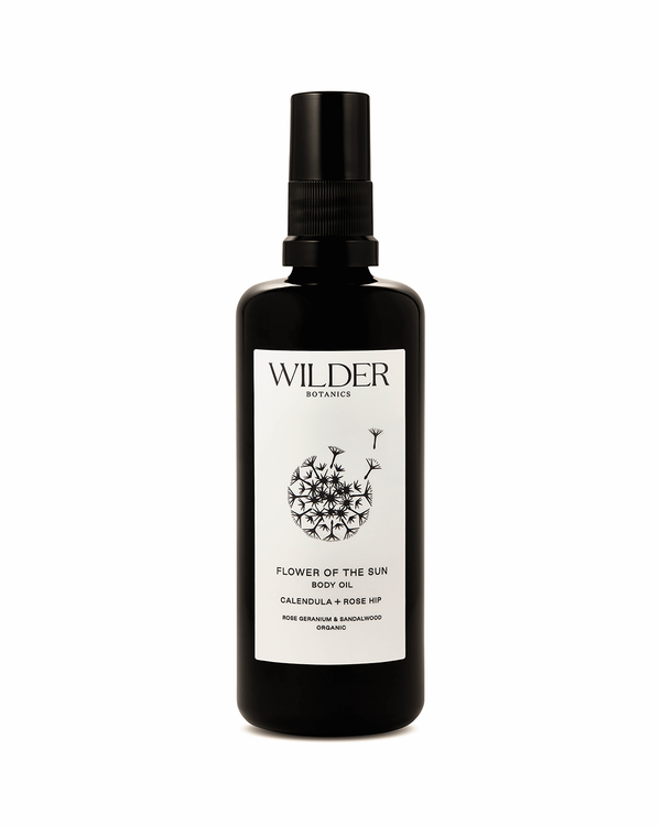 Wilder Botanics Flower of the Sun Body Oil. Botanical blend of Calendula, Rose hip, Rose Geranium and Sandalwood. Easily absorbed into the skin, with woody and floral aromatic oils, rich in omega fatty acids and phytonutrients. This body oil promotes calm and tranquillity.  