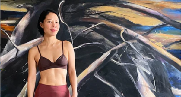 Christina Chin wearing prism sqaured london Blissful bra in chocolate brown and Lucid leggings in maroon