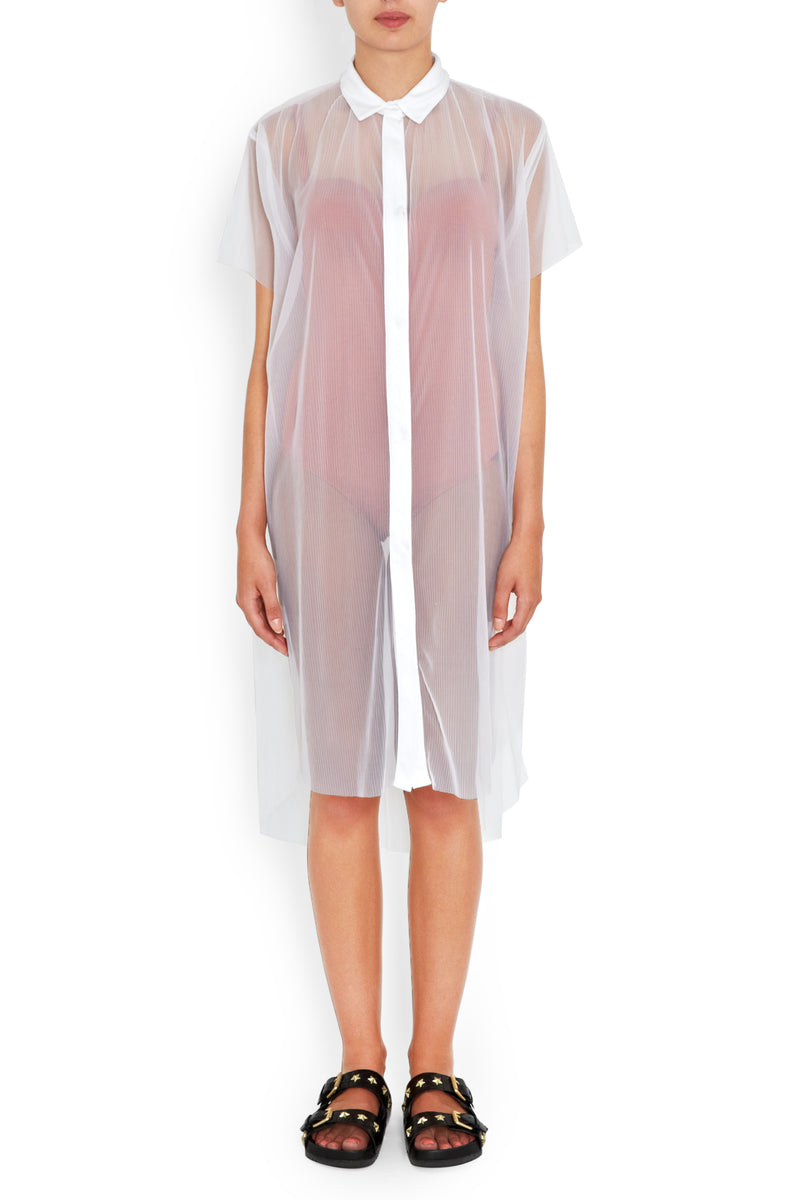 SURIGAO Shirt Dress | White Plisse - Front Shot with Model