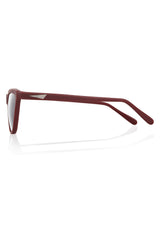 CAIRO - Wine. These frames are a narrow angular shape with a sporty feel to them. They have a near flare top with tapered edges and a flat bottom. These lightweight acetate frames are available in sunglasses and opticals. All acetate frames are exclusively developed for PRISM and handcrafted in Italy.