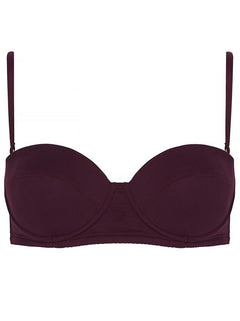 POSITANO in Wine - Inspired by 1960s vintage swimwear, this structured bikini top in navy is designed with a bandeau shape, removable straps and underwriting; offering additional lift and support. Also featuring the large signature PRISM gunmetal clasp at the centre back.