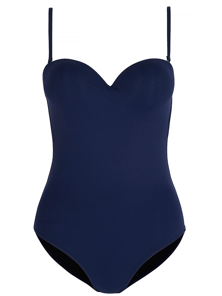 CHATEAU - Navy. This textured wine coloured one piece swimsuit provides a smooth sculpted silhouette, plus great support and lift for the bust with the moulded underwire cups, built in padding and adjustable, removable straps.