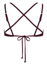 PATMOS - Wine. This strappy bikini top has a soft triangle cup, adjustable tie straps and removable padding. Perfect for smaller to medium busts.