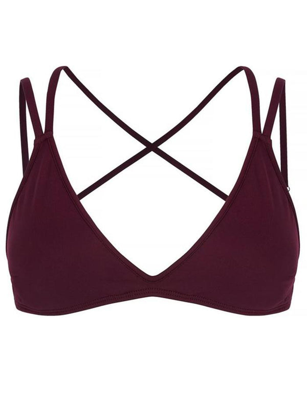 PATMOS - Wine. This strappy bikini top has a soft triangle cup, adjustable tie straps and removable padding. Perfect for smaller to medium busts. 