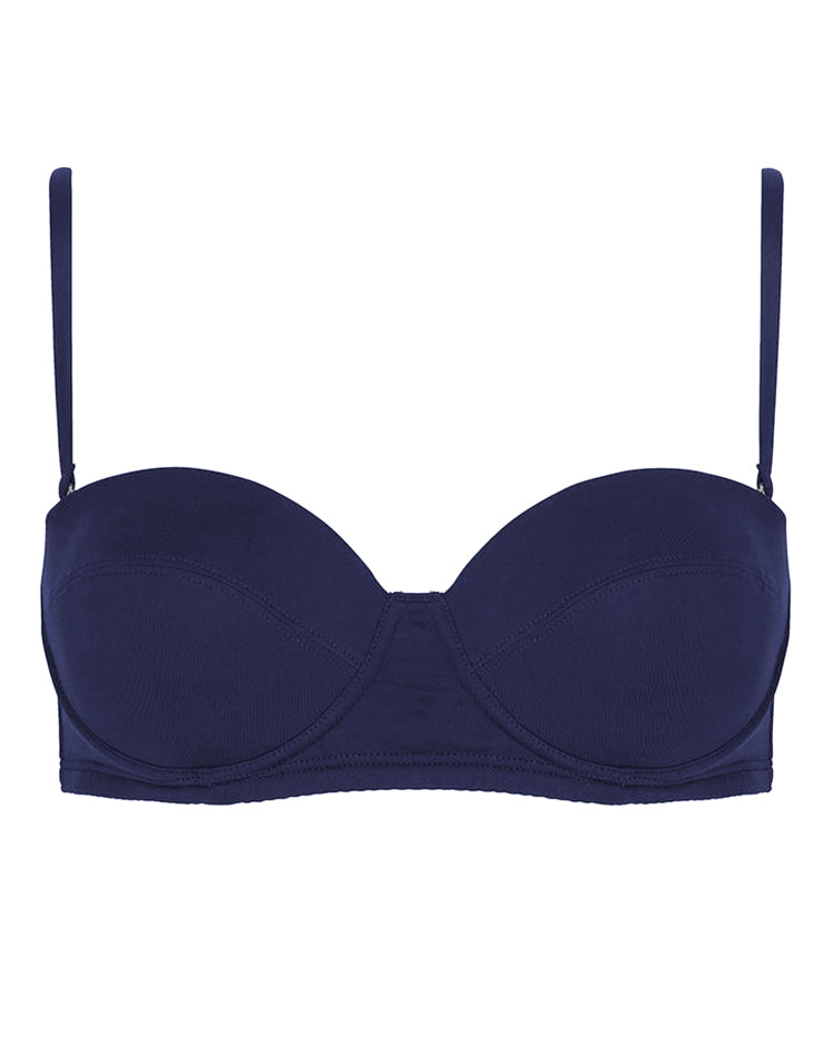POSITANO in Navy - Inspired by 1960s vintage swimwear, this structured bikini top in navy is designed with a bandeau shape, removable straps and underwriting; offering additional lift and support. Also featuring the large signature PRISM gunmetal clasp at the centre back. 