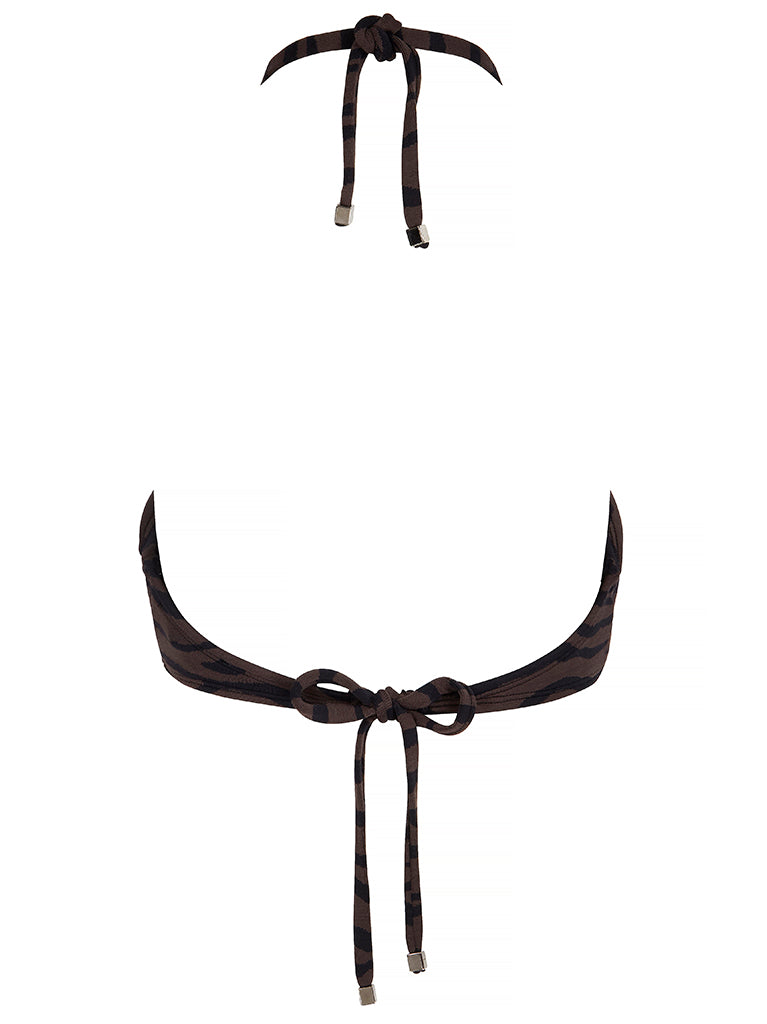 VENICE BEACH - Tiger. A unique twist on the classic triangle halter-neck. Tie securely at the decolletage to avoid tan lines. Soft cups, suitable for small to medium busts.