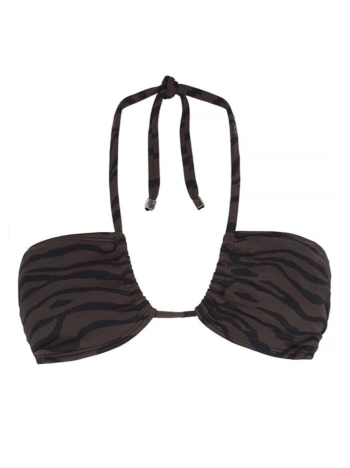 VENICE BEACH - Tiger. A unique twist on the classic triangle halter-neck. Tie securely at the decolletage to avoid tan lines. Soft cups, suitable for small to medium busts. 