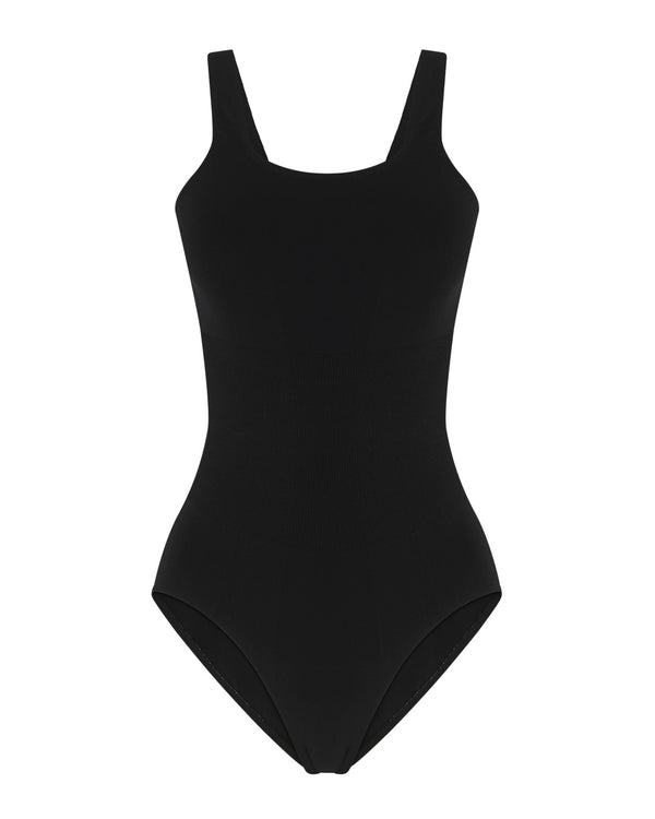 Amorous -black activewear body suit - with square neckline, flat thin straps and ribbed contouring panel around the waist to flatter and comfort the body.