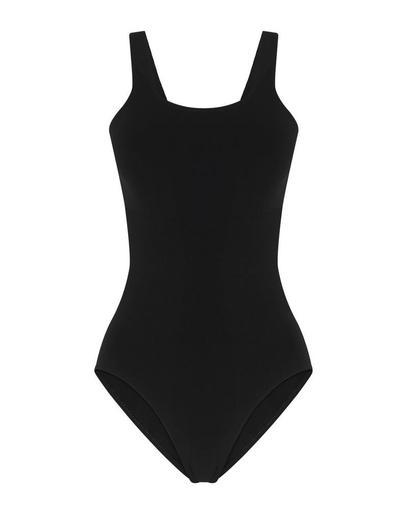 Amorous -black activewear body suit - with square neckline, flat thin straps and ribbed contouring panel around the waist to flatter and comfort the body.