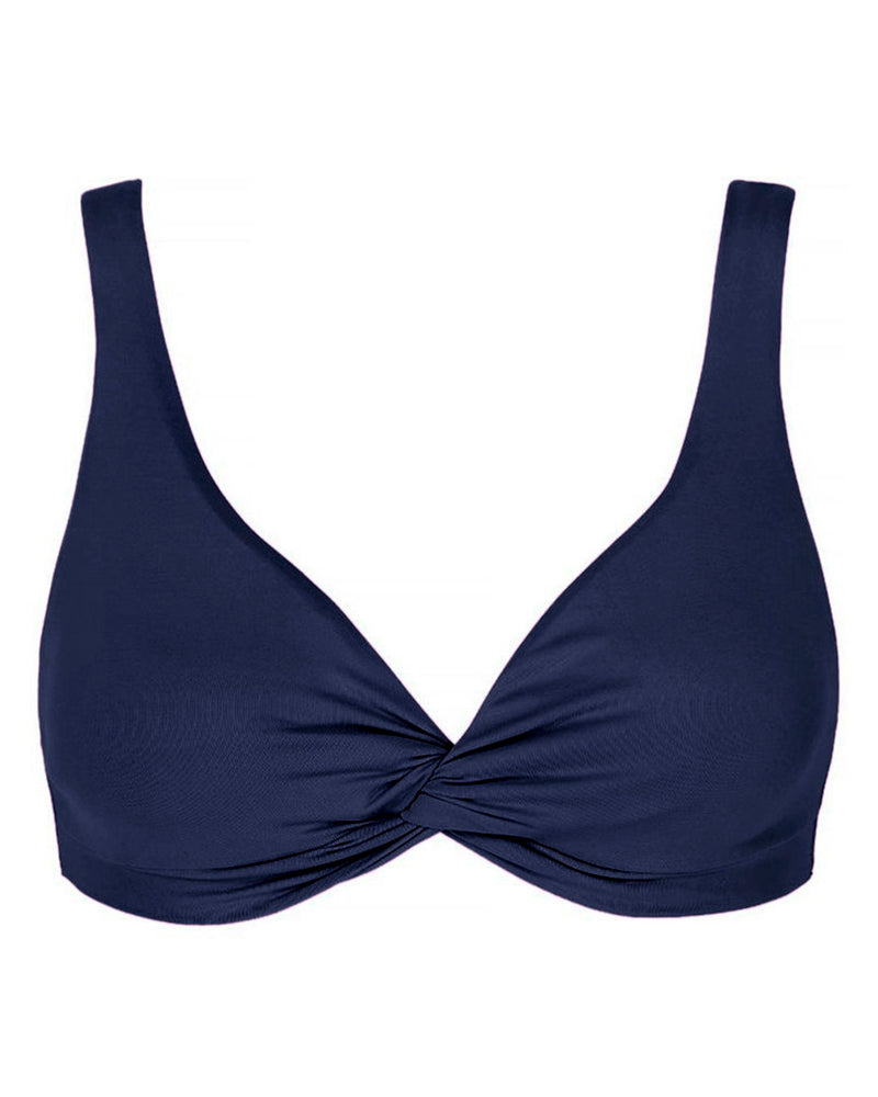 BUZIOS -Navy. 70s sporty shape with a twist-knot front and adjustable shoulder strap bikini top. With a soft triangle style cup, this bikini top offers good support with a medium amount of coverage, and is suitable for all sizes. Fixed at the back with a gunmetal slider and fabric hook. 