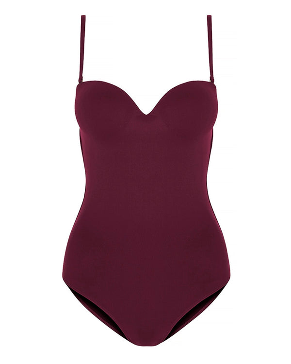 CHATEAU - Wine. This textured wine coloured one piece swimsuit provides a smooth sculpted silhouette, plus great support and lift for the bust with the moulded underwire cups, built in padding and adjustable, removable straps. 