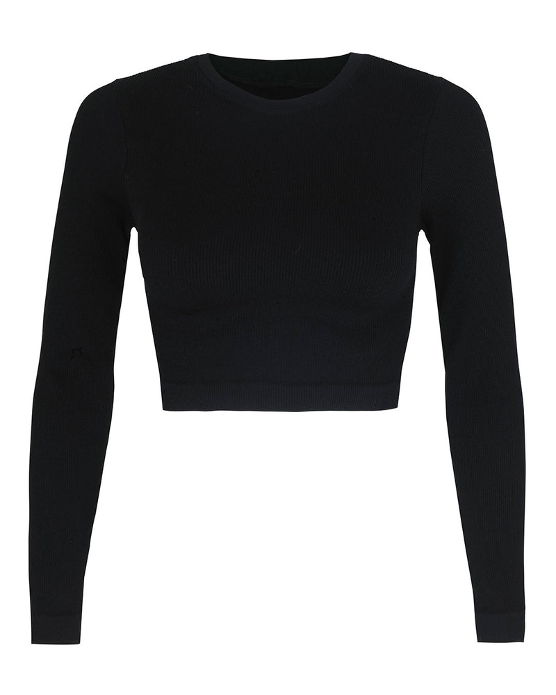 Round Neck Ribbed Long Sleeve Crop Top Black