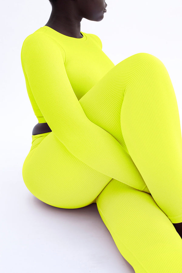 EVOKE Ribbed Long-Sleeve Crop Top | Neon Yellow | Image 2