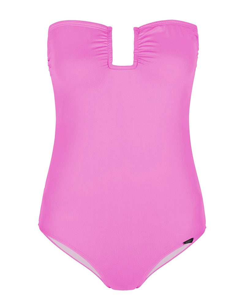 FORTE DEI MARMI - Magenta. The retro-inspired Forte Dei Marmi bandeau swimsuit with a U bar detail on the chest. This style is more suitable for a small bust and does not come with straps or fastenings.