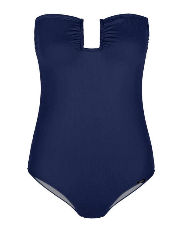 FORTE DEI MARMI - Navy. The retro-inspired Forte Dei Marmi bandeau swimsuit with a U bar detail on the chest. This style is more suitable for a small bust and does not come with straps or fastenings. 