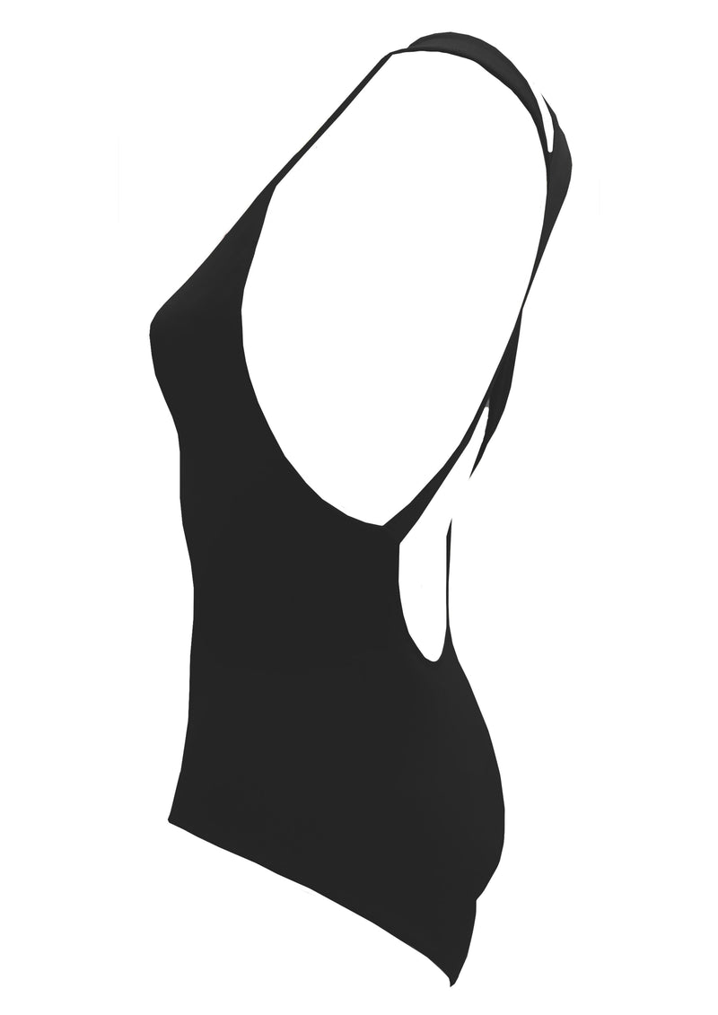 GLOWING Black One-Piece Swimsuit Sporty High Neck, Low Cut Sides