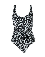 LIPARI - Black Leopard. This swimsuit with an adjustable back strap and v-neck, featuring a front tie knot to slim and flatter the silhouette. 