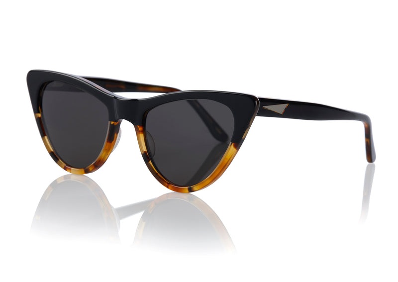 ST LOUIS - Black & Amber Tortoiseshell. A modern take on the 50s cat-eye shape. Suitable for more narrow faces w/ their soft tips and rounded edges. Lightweight acetate frames available in sunglasses and opticals.