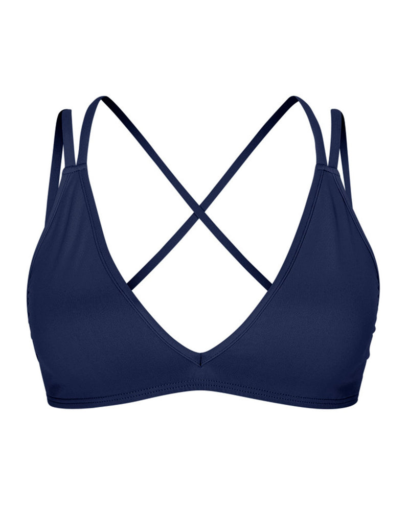 PATMOS - Navy. Bikini top features soft triangle cups with adjustable tie straps with cross over back detailing and removable padding. Perfect for smaller to medium bust sizes. 