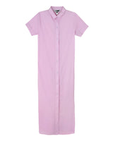 SURIGAO - Pink. The Surigao floor length shirt-dress is a versatile item, 100% cotton fabric with graphic lines of fringing, handmade in Italy. This ready to wear shirt-dress falls at the ankle, with gunmetal popper buttons running all the way down for ease.