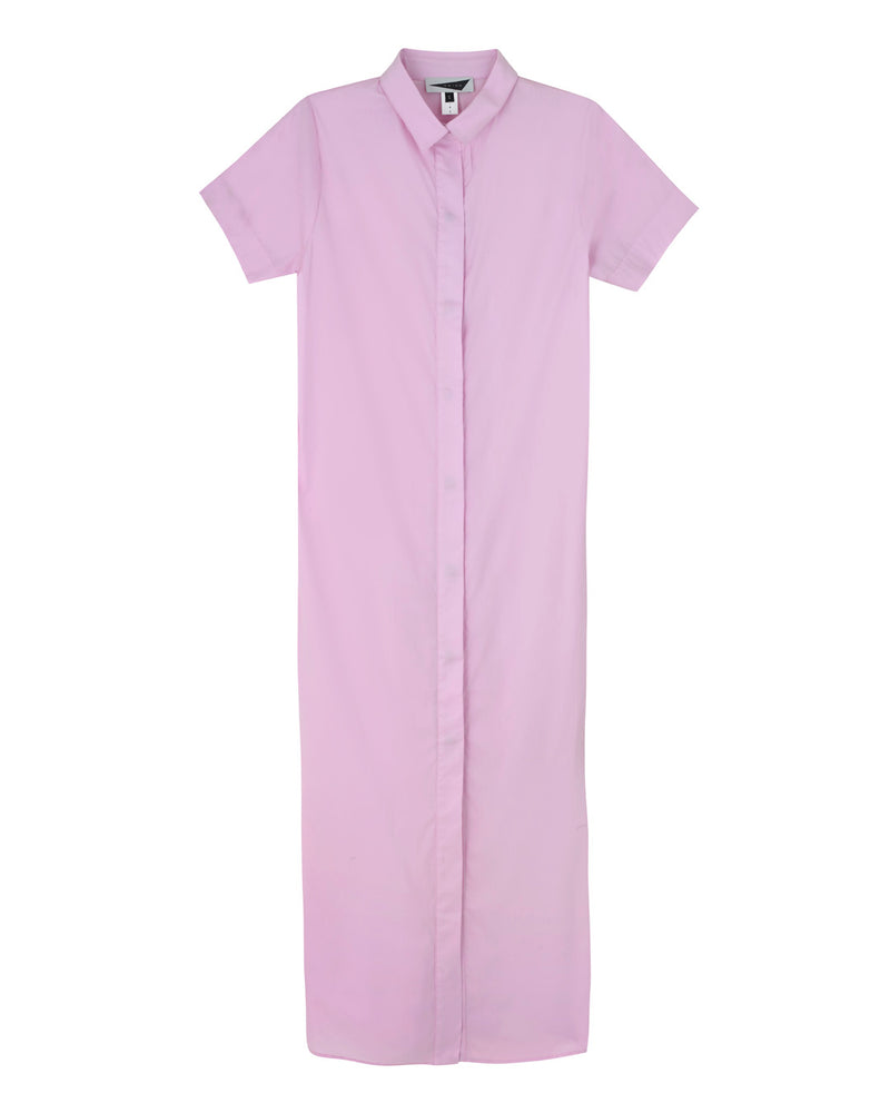 SURIGAO - Pink. The Surigao floor length shirt-dress is a versatile item, 100% cotton fabric with graphic lines of fringing, handmade in Italy. This ready to wear shirt-dress falls at the ankle, with gunmetal popper buttons running all the way down for ease.