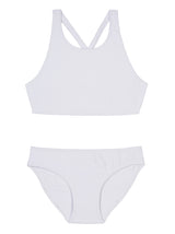 This modern sporty style bikini top has a cut-away neckline with crossover adjustable tie at the back. Featuring good coverage with a playful twist - the bikini bottoms are inspired by a 60s silhouette, with a low cut waist and low cut leg with full bottom coverage. 
