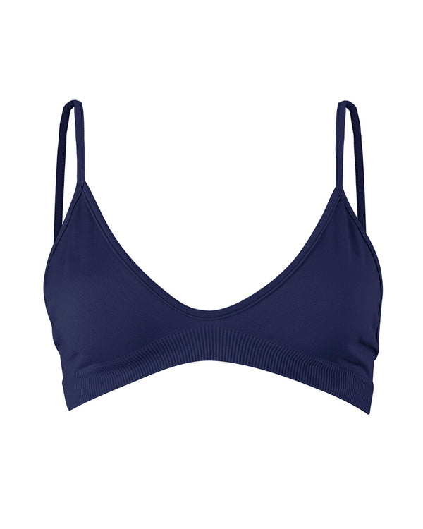 Blissful - Navy - multi-functional bikini, bralette, sports bra - with low cut and curved neckline for flattering effect and thin elasticated band and spaghetti straps for support.