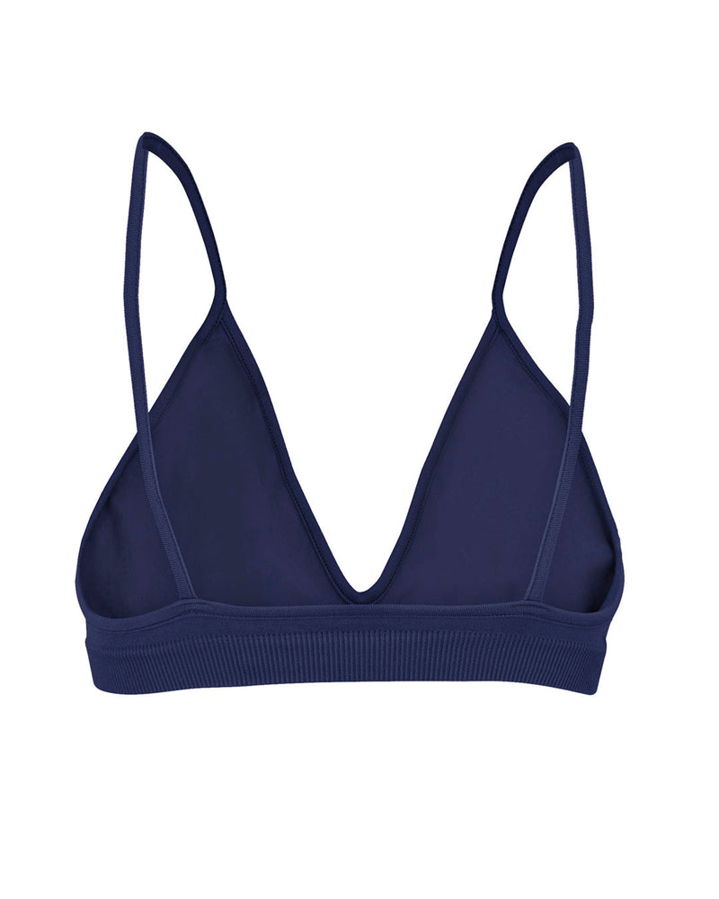 Blissful - Navy - multi-functional bikini, bralette, sports bra - with low cut and curved neckline for flattering effect and thin elasticated band and spaghetti straps for support.