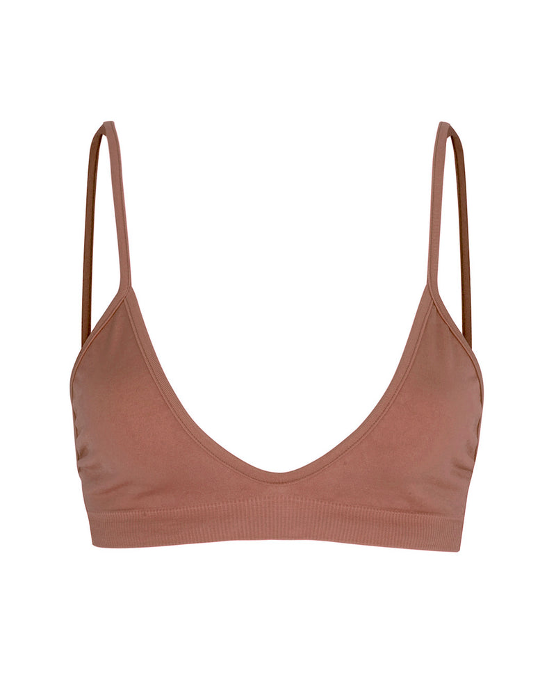 Blissful - Rusty Pink - multi-functional bikini, bralette, sports bra - with low cut and curved neckline for flattering effect and thin elasticated band and spaghetti straps for support.