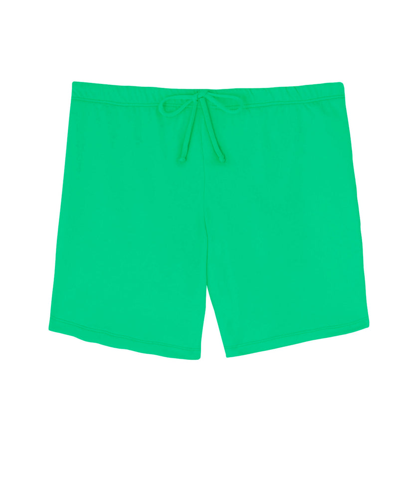 BOY'S SHORTS - Neon Green. Where comfort is of the utmost importance for children, the shorts slip on with an elastic waistband and have 1/2 cm black waist chord-tie, they sit on the hip and fall just above the knee, at mid-thigh length. 