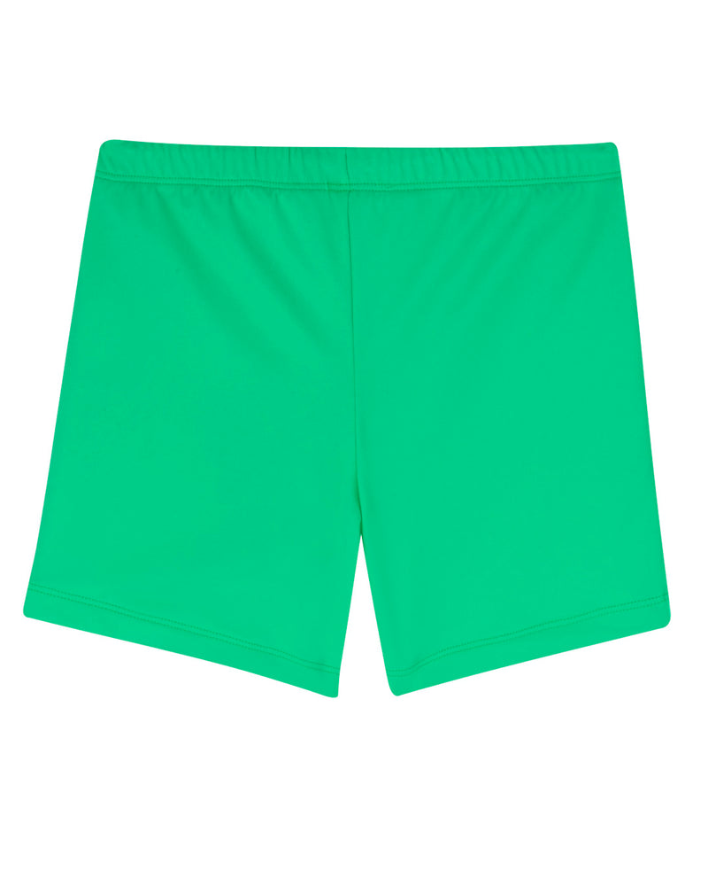 BOY'S SHORTS - Neon Green. Where comfort is of the utmost importance for children, the shorts slip on with an elastic waistband and have 1/2 cm black waist chord-tie, they sit on the hip and fall just above the knee, at mid-thigh length.