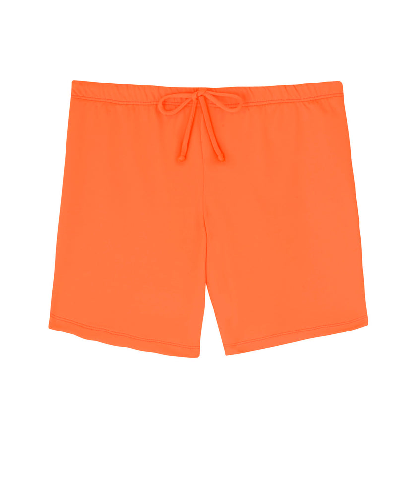 BOY'S SHORTS - Neon Orange. Where comfort is of the utmost importance for children, the shorts slip on with an elastic waistband and have 1/2 cm black waist chord-tie, they sit on the hip and fall just above the knee, at mid-thigh length.