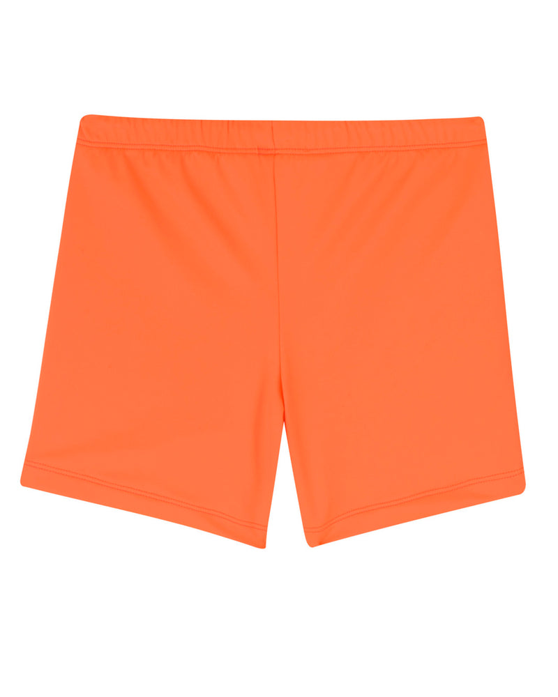 BOY'S SHORTS - Neon Orange. Where comfort is of the utmost importance for children, the shorts slip on with an elastic waistband and have 1/2 cm black waist chord-tie, they sit on the hip and fall just above the knee, at mid-thigh length.