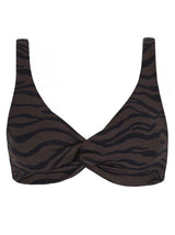 BUZIOS - Tiger. This 70s sporty shape, with twist knot front & adjustable shoulder straps. Soft triangle style cup, good support, medium amount of coverage - works for all sizes. Fixed with gunmetal slider and fabric hook.