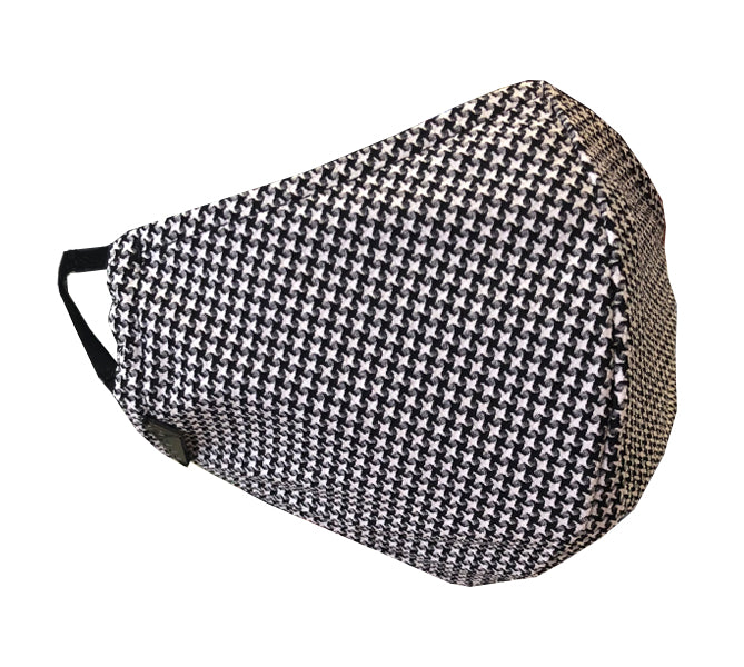 MASK - Micro Houndstooth. Masks handmade in Italy using excess swimwear material, for sustainability. All fabric is breathable and water resistant. Every mask has its own unique design and fabric. Protect yourself, your loved ones, and the environment. This fabric is a lightweight, traditional swim fabric.