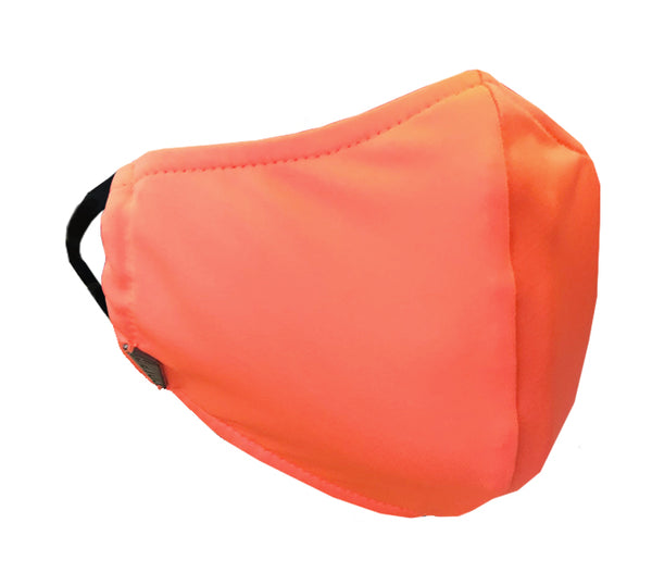 MASK - Neon Orange. Masks handmade in Italy using excess swimwear material, for sustainability. All fabric is breathable and water resistant. Every mask has its own unique design and fabric. Protect yourself, your loved ones, and the environment. This fabric is a lightweight, traditional swim fabric.
