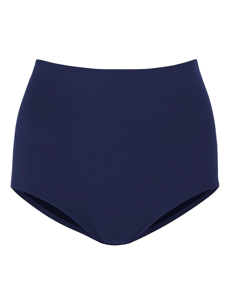 HOLLYWOOD - Navy. This is a retro high-waisted cut, with a low cut leg, full bottom coverage and sits just above the belly button. Supportive and flattering bikini bottoms.